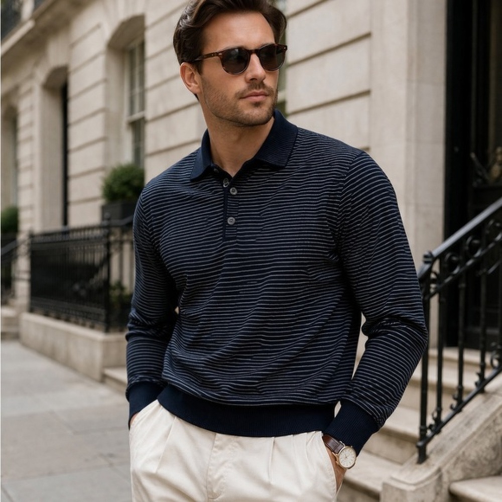 ERMENEGILDO ZEGNA Sweater Navy Stripes Wool Cashmere M Blue Knit Collared Jumper